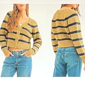 Lush Striped Cropped Cardigan Sweater in Khaki/Navy (L) New With Tag